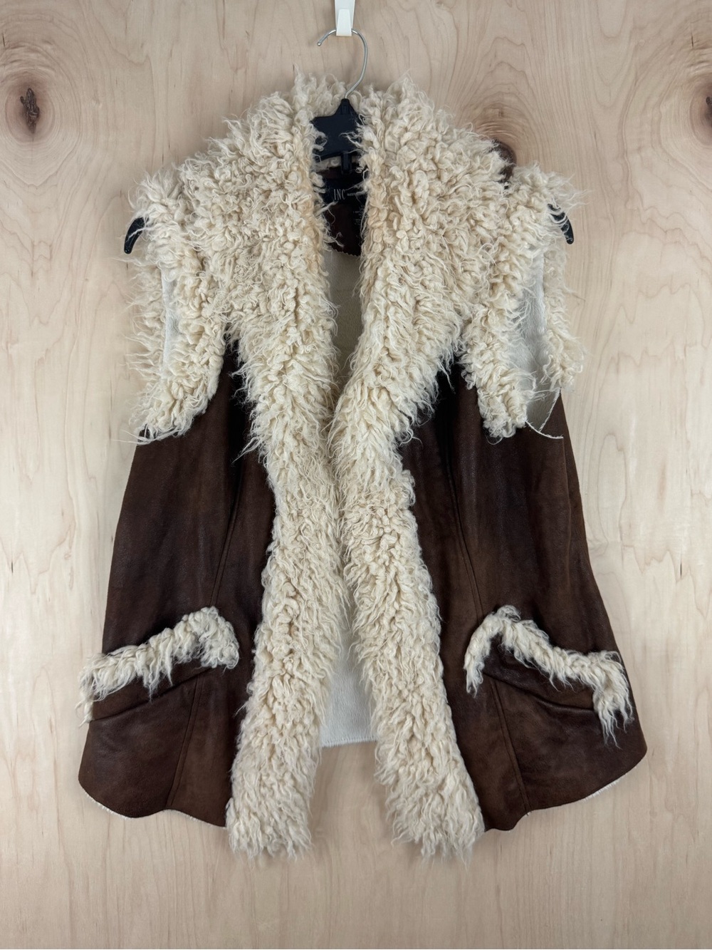 INC International Concepts Brown faux Suede Vest with Cream Shearling Trim XL